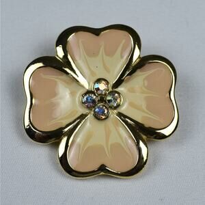 Vintage TC Signed Gold Tone & Cream Enamel flower pin w/ rhinestones MCM Floral